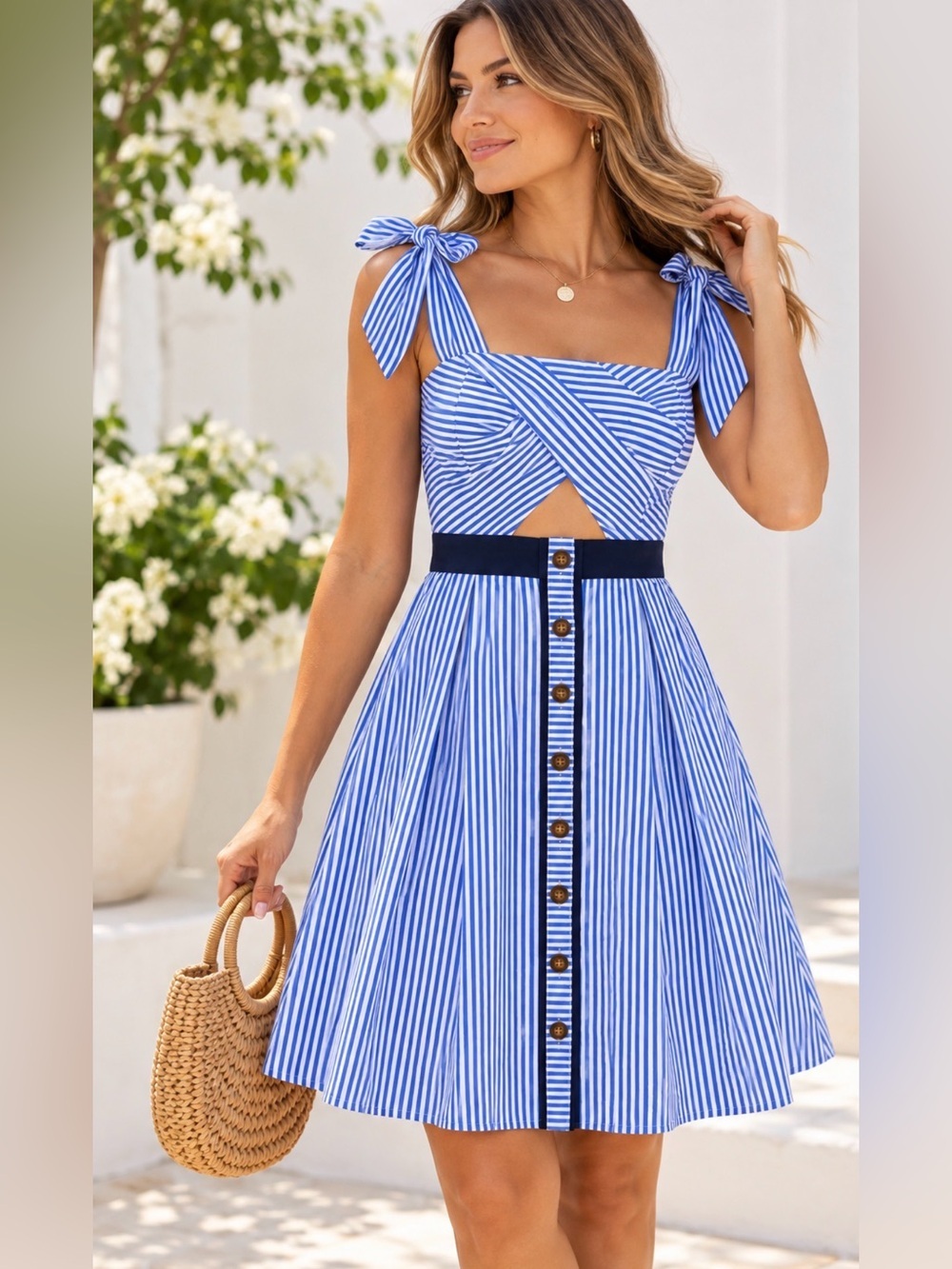 Boston Proper Blue White Striped Fit & Flare Sundress Keyhole Tie Strap Size 6